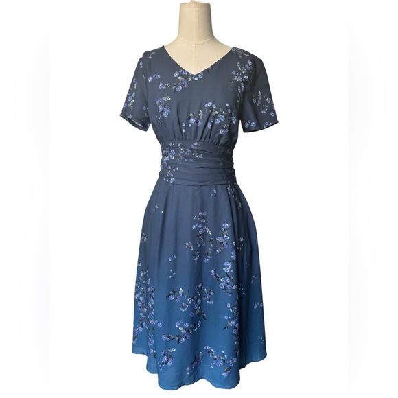 eShakti Wayward Fancies Dress XS 3/4 Sleeve Flare A Line Floral Blue Party midi - Picture 3 of 6
